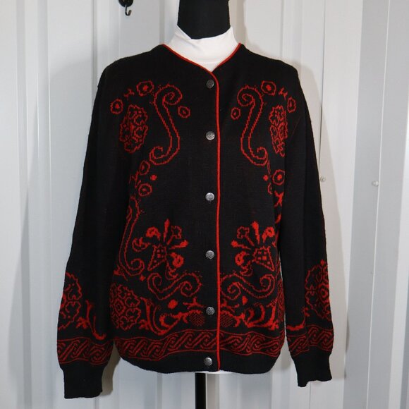 Pendleton Vintage Women's 100% Wool Cardigan Red Black Scroll Design Size Med - Picture 1 of 9